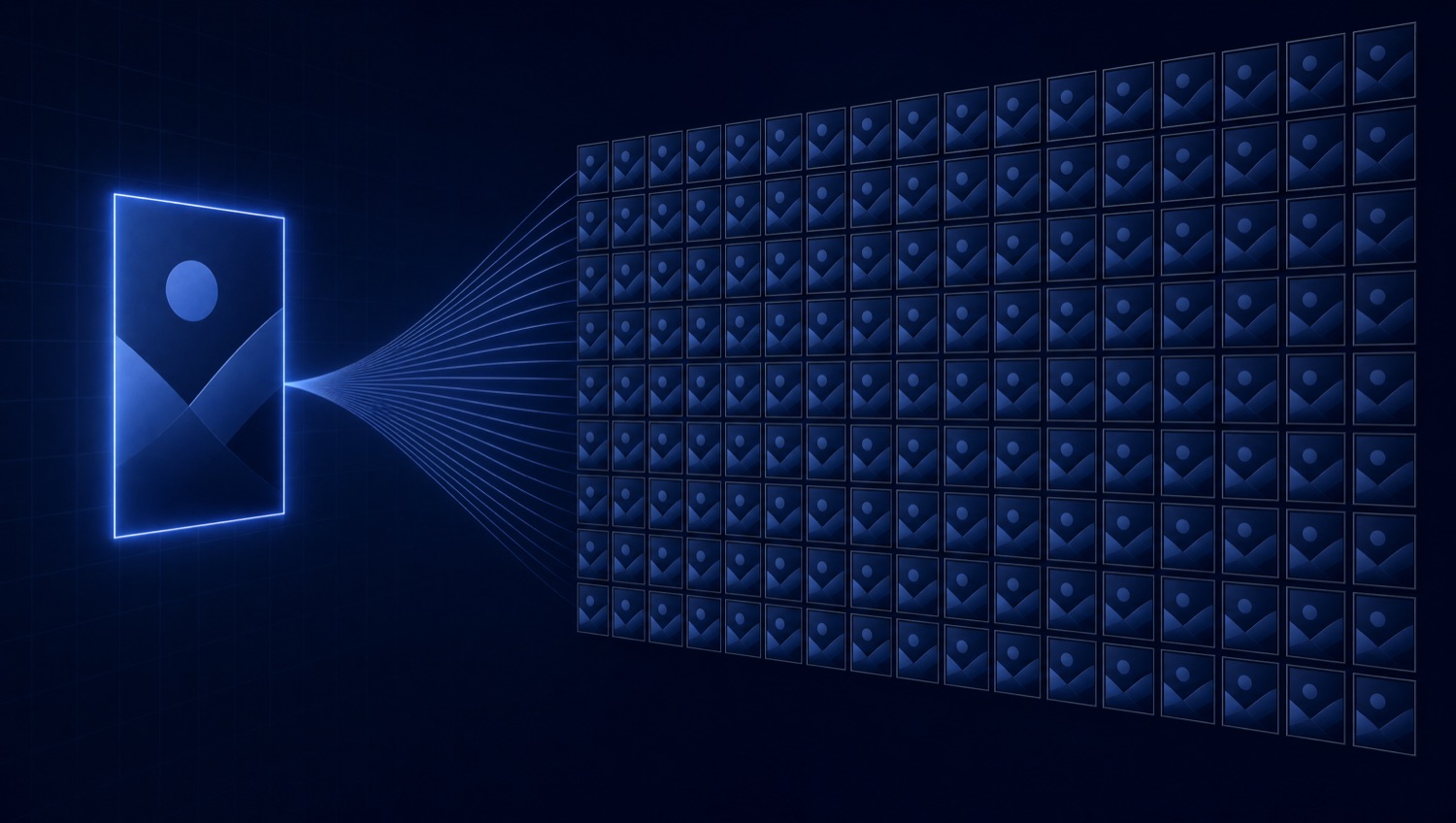 One glowing blue master frame fanning out into a grid of many navy creative variants