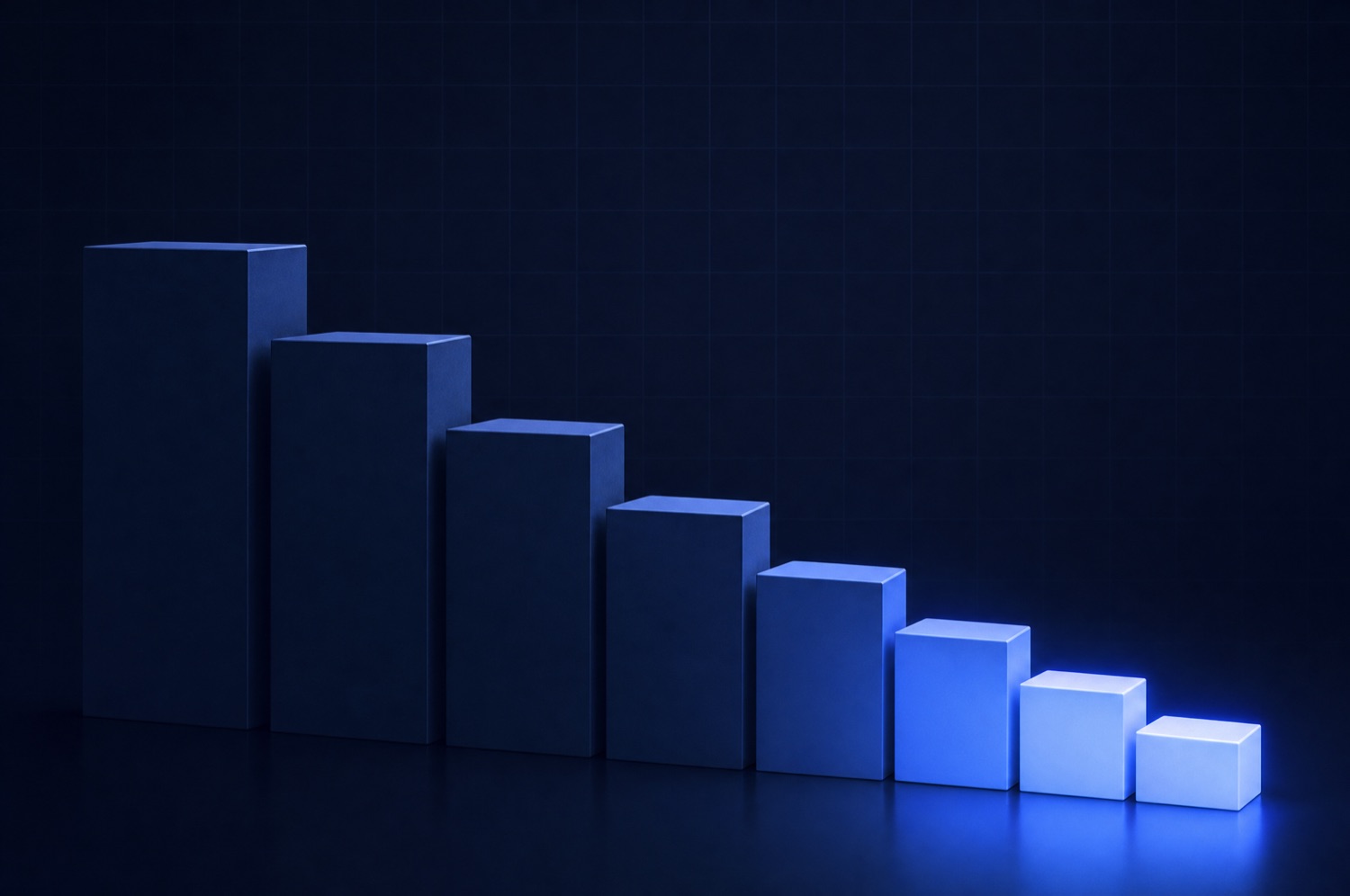 A descending staircase of blocks stepping down left to right, the lowest steps glowing blue, representing cost per asset falling