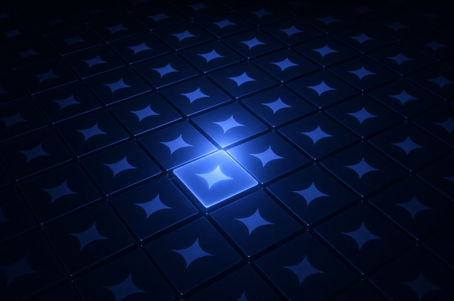 A glowing blue token replicating consistently across a grid of navy tiles, representing brand consistency in AI generation