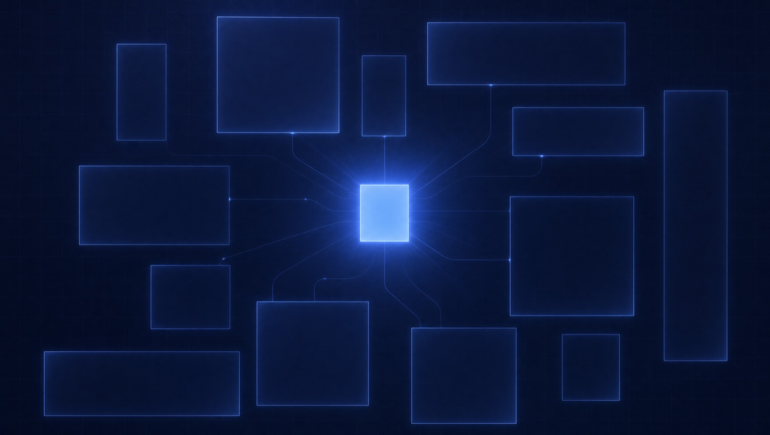 One glowing blue source rectangle reshaping into many aspect-ratio frames, representing one asset adapted to every channel