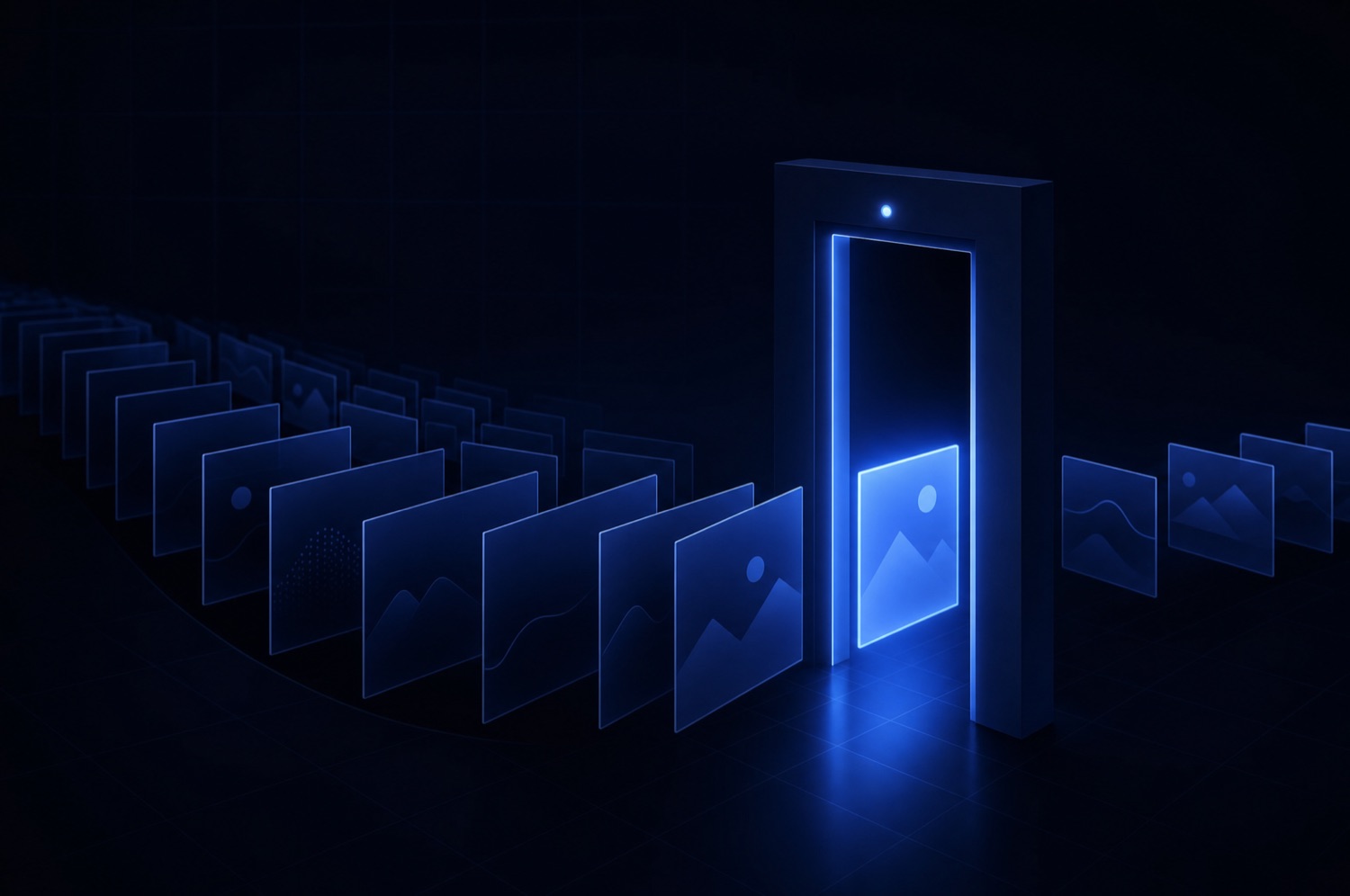 A stream of navy creative frames flowing toward a gate where one frame is lit blue and approved