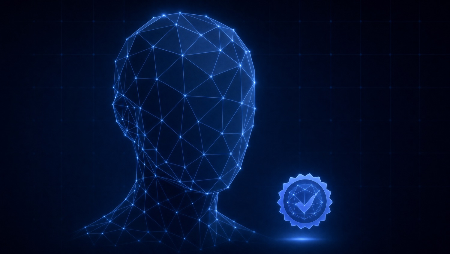 An abstract blue wireframe persona head with a verification seal, representing a licensed, disclosed synthetic influencer