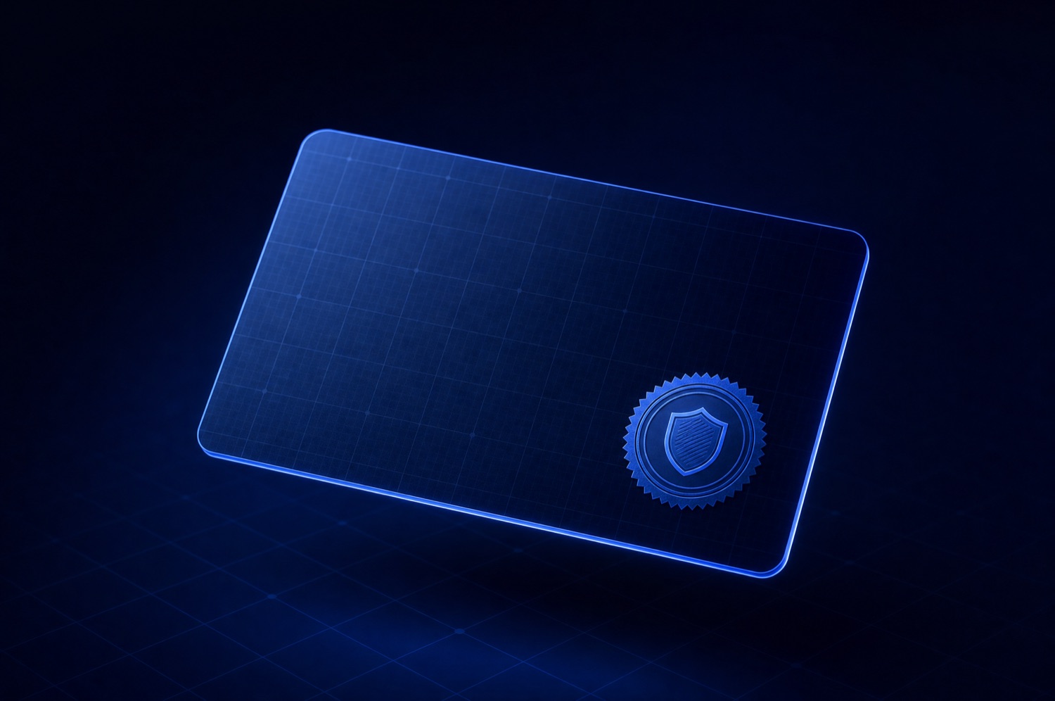 A navy credential card with a glowing blue seal, representing licensed, rights-cleared AI talent