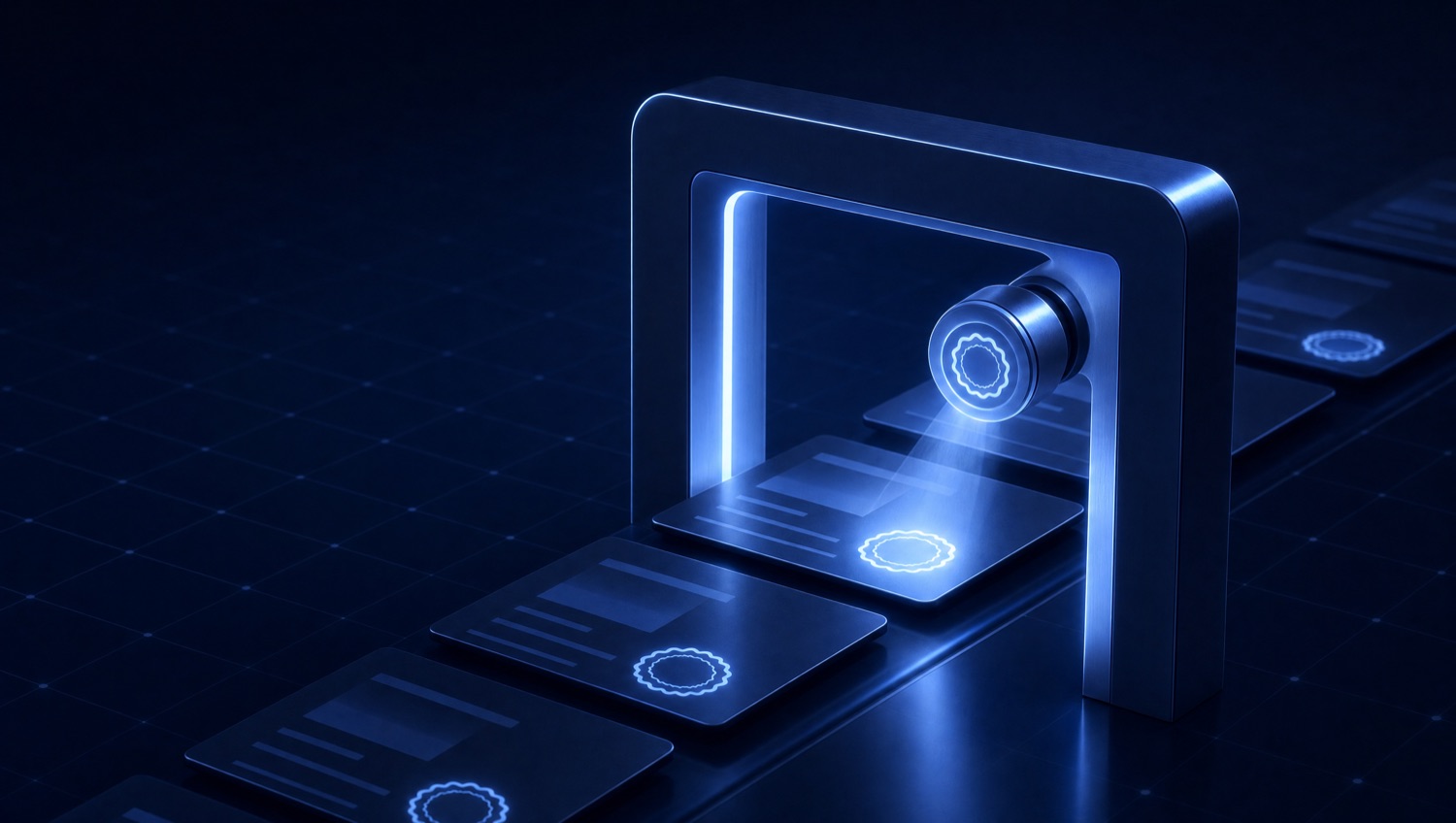 Content blocks passing through a checkpoint where a glowing blue seal is stamped on each, representing mandatory disclosure