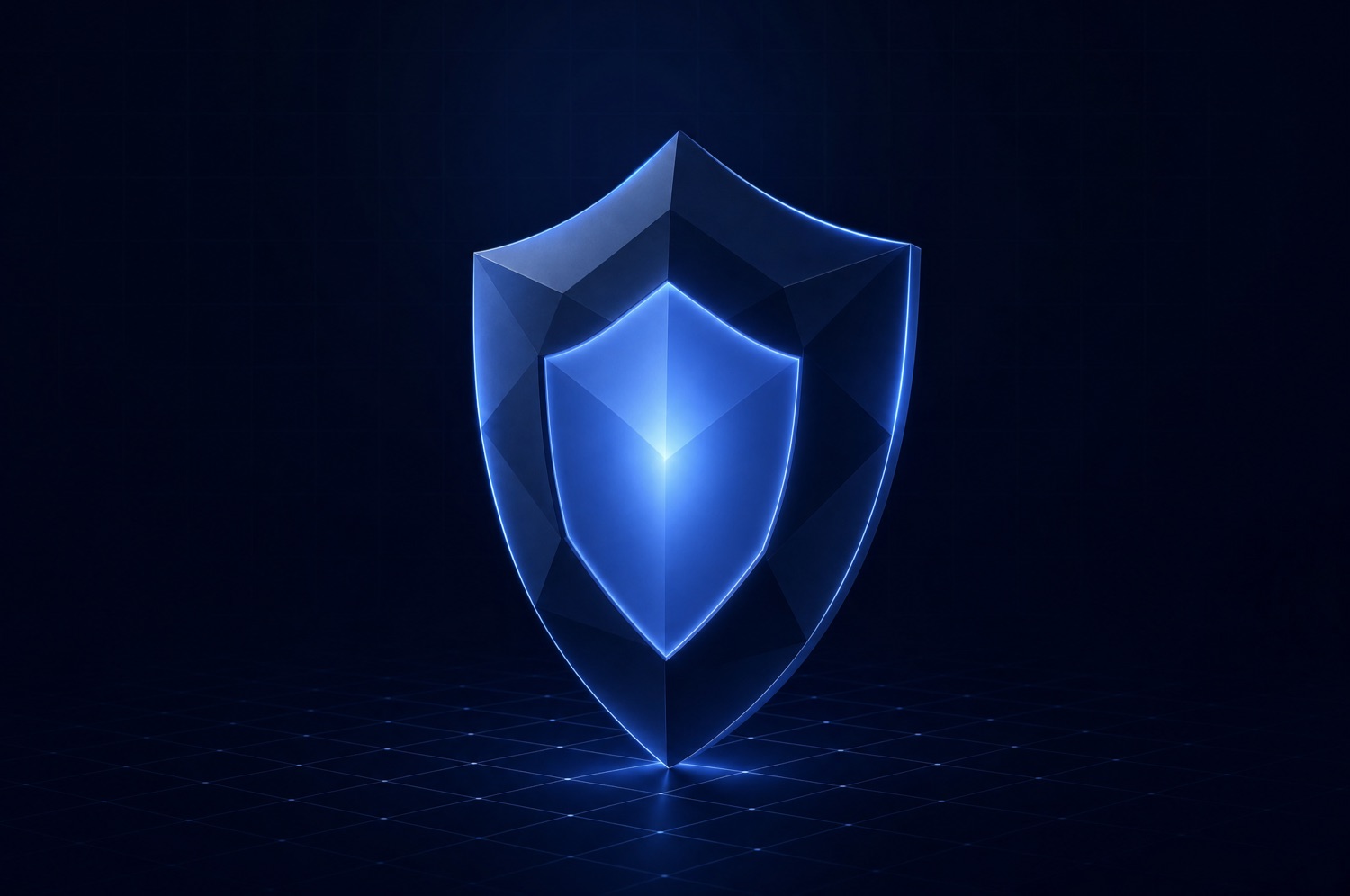 A faceted navy shield with a glowing blue core, representing compliance and brand protection