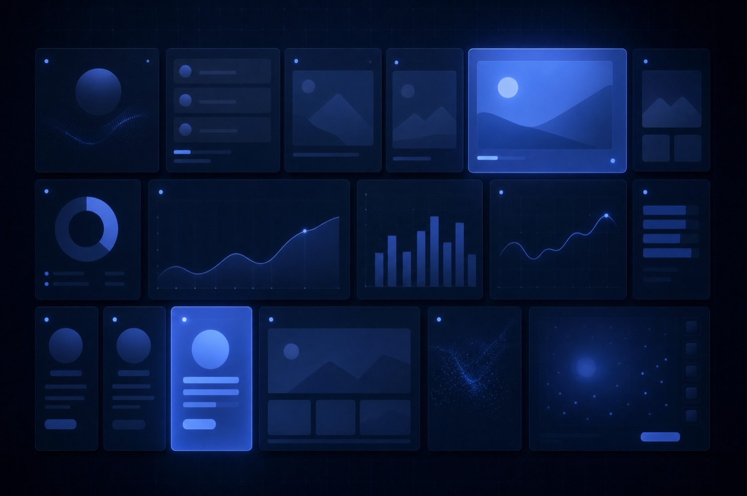 A unified dashboard of navy panels with some lit blue, representing creator and AI talent managed on one surface