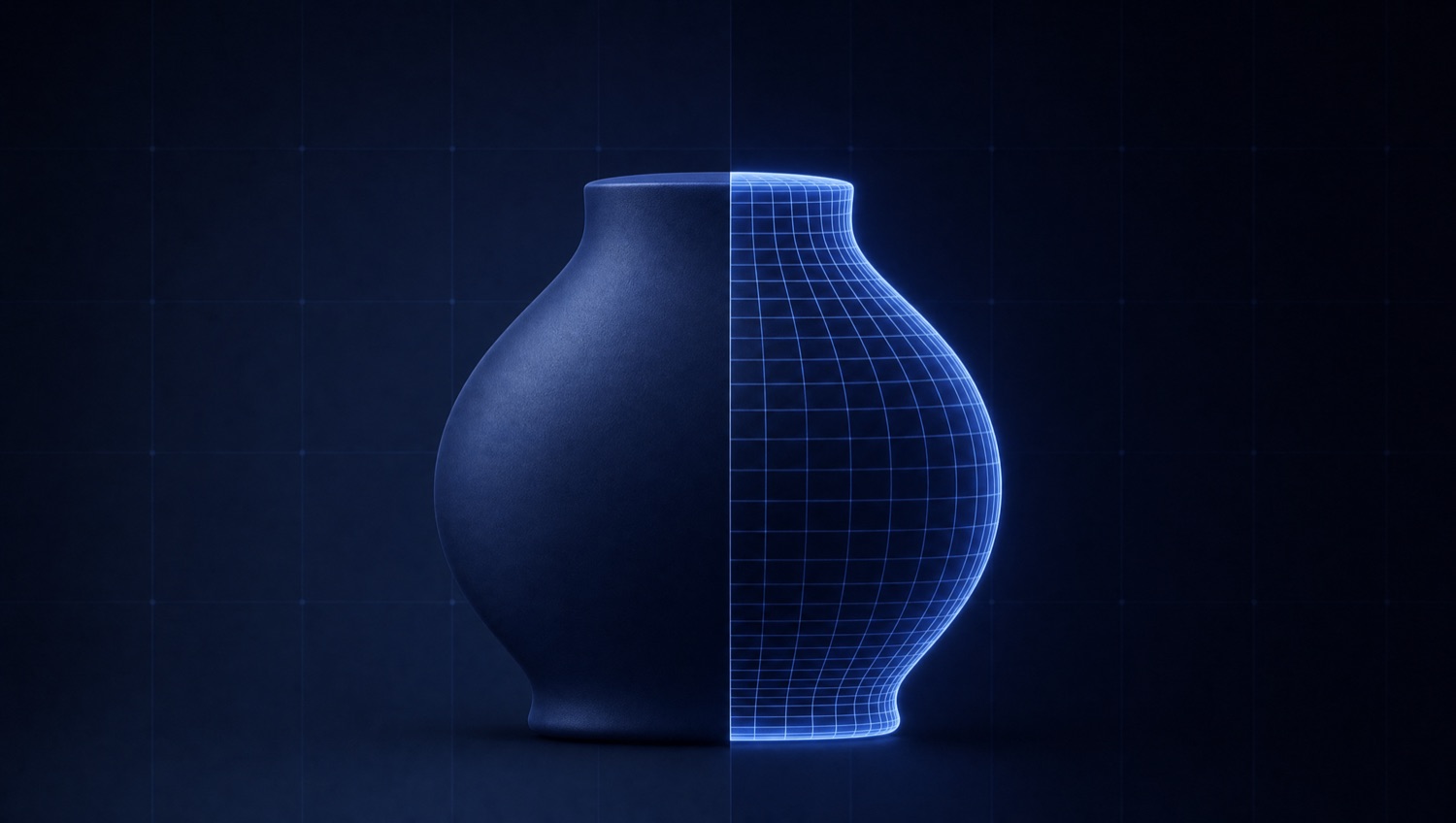 A split composition, left half a solid navy panel, right half a glowing blue wireframe, representing real versus AI-generated