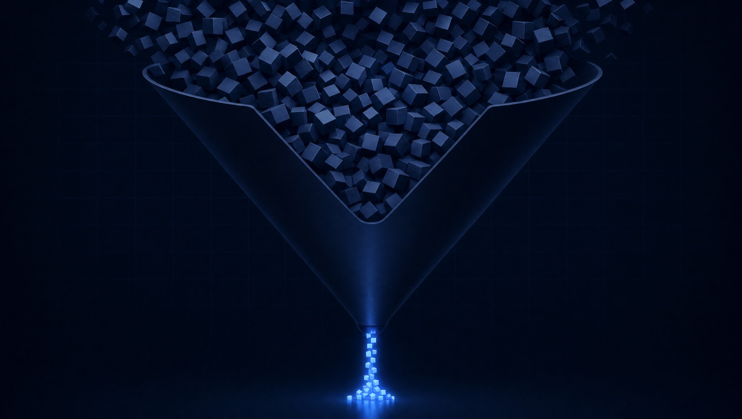 A wide funnel with heavy navy investment entering the top and a thin blue stream of results exiting the bottom