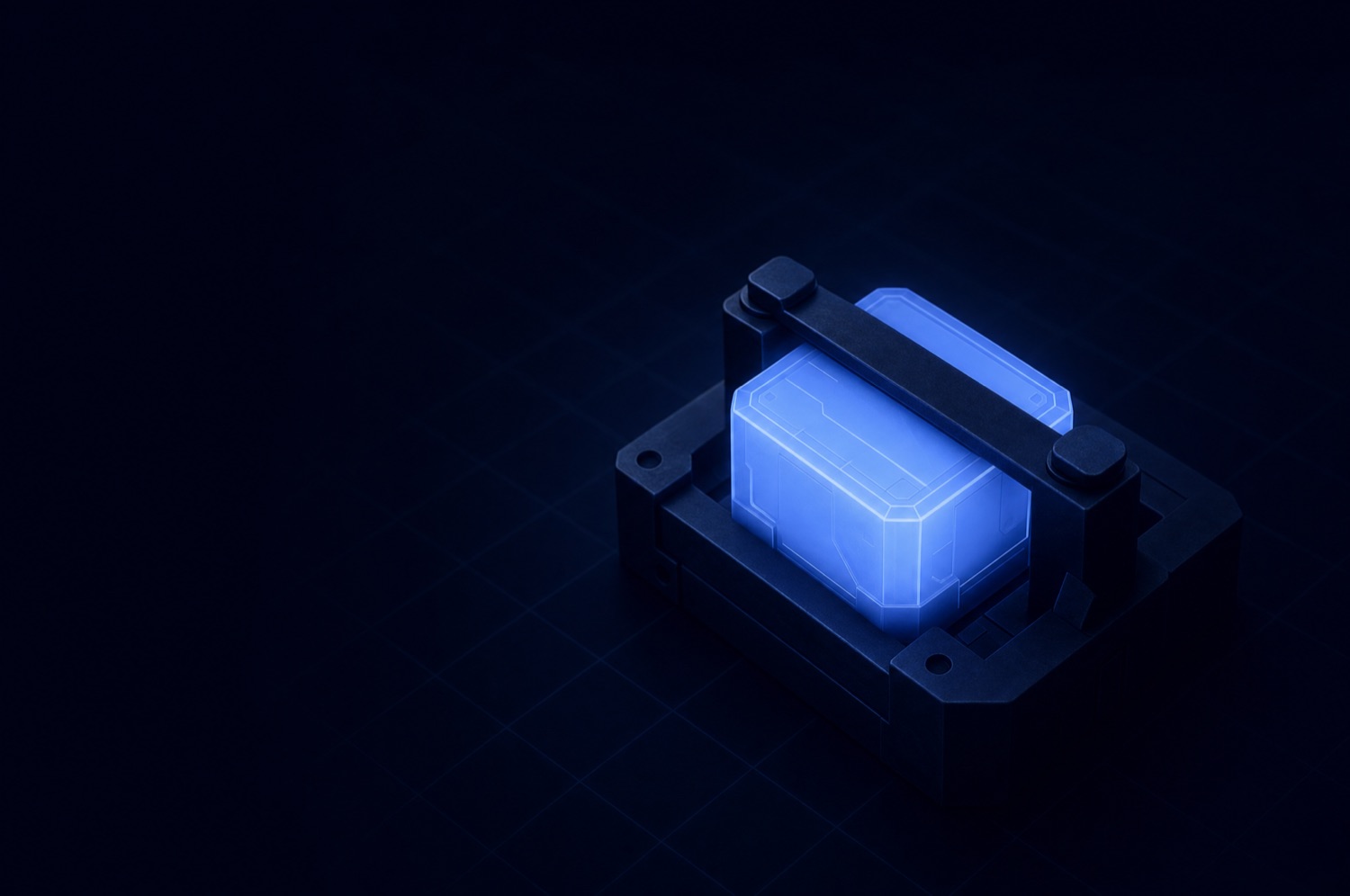 A glowing blue module clamped inside a heavy navy cradle, unable to launch, representing an AI pilot stuck