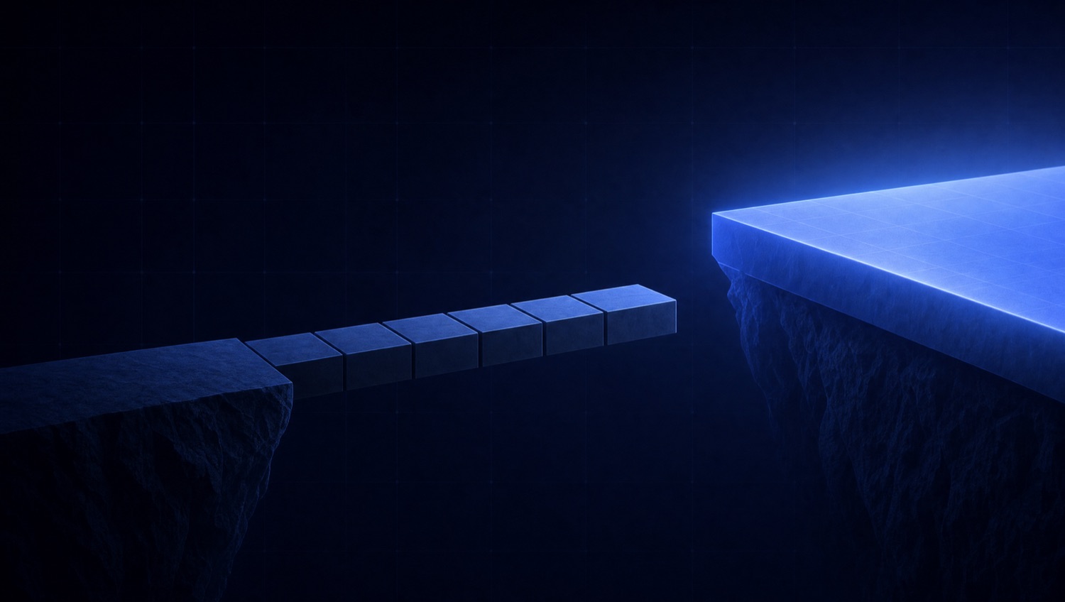 A half-built bridge of blocks reaching toward a glowing blue platform with an unfinished gap