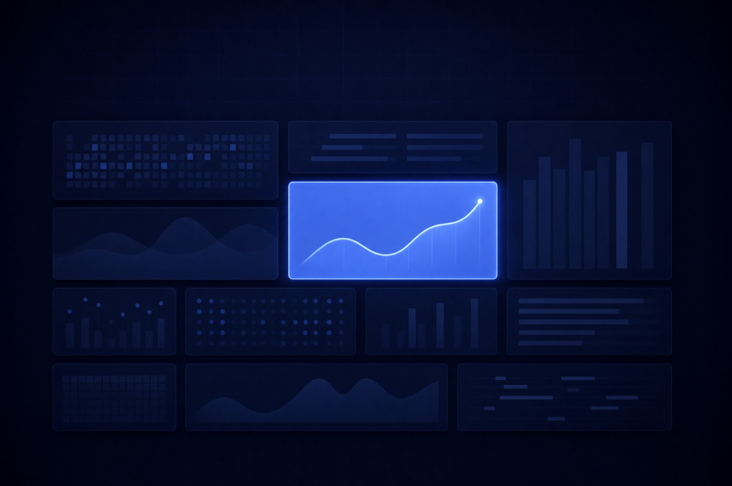 An abstract dashboard grid of navy panels with one panel lit blue, representing a single meaningful KPI