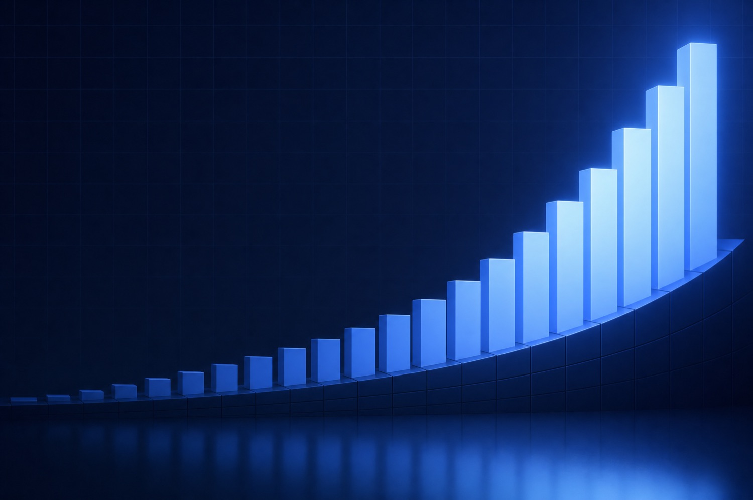 An ascending ramp of blocks rising left to right, the higher blocks glowing blue, representing compounding returns