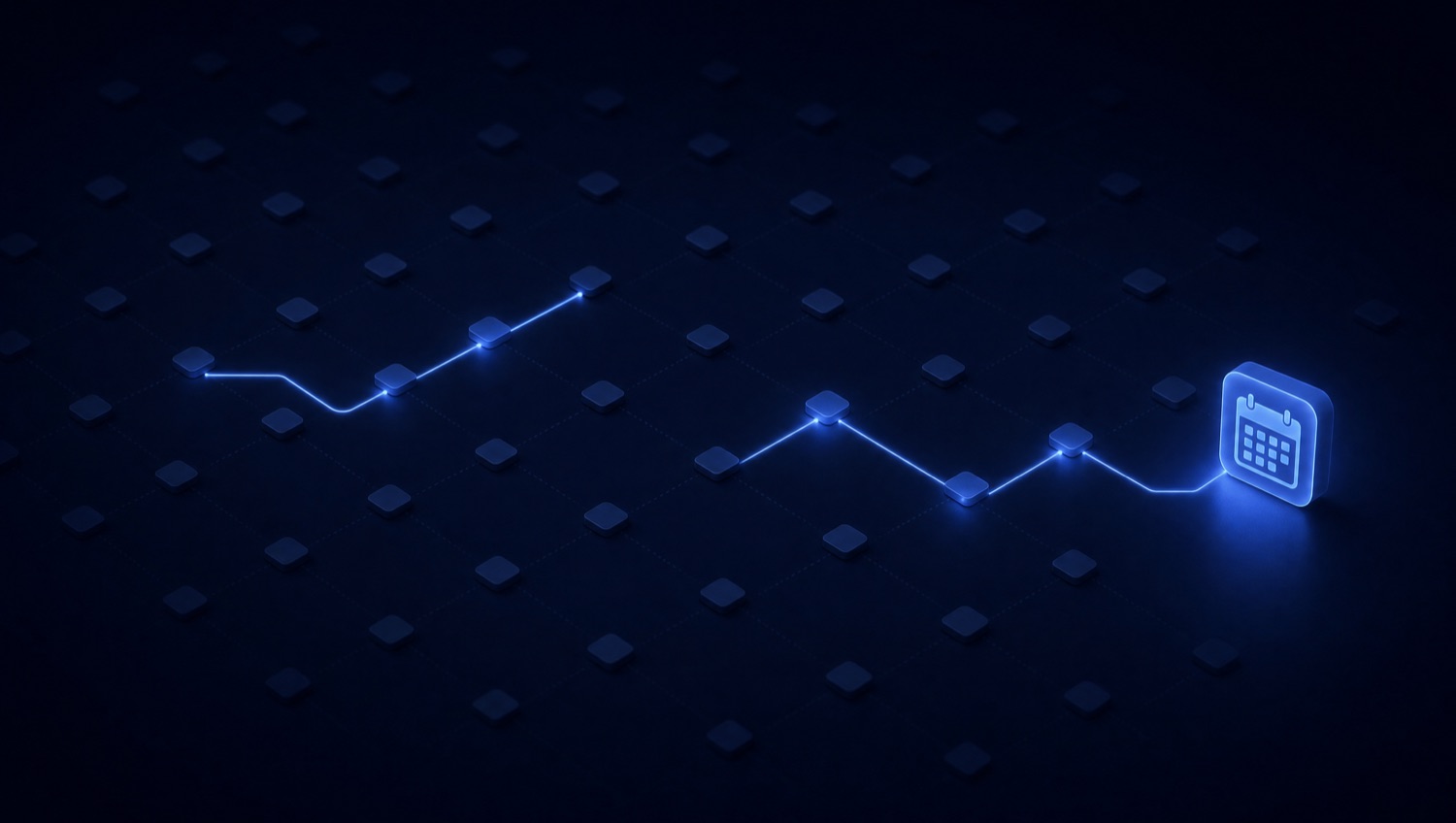 A field of navy prospect nodes with a blue path threading to a single lit calendar block