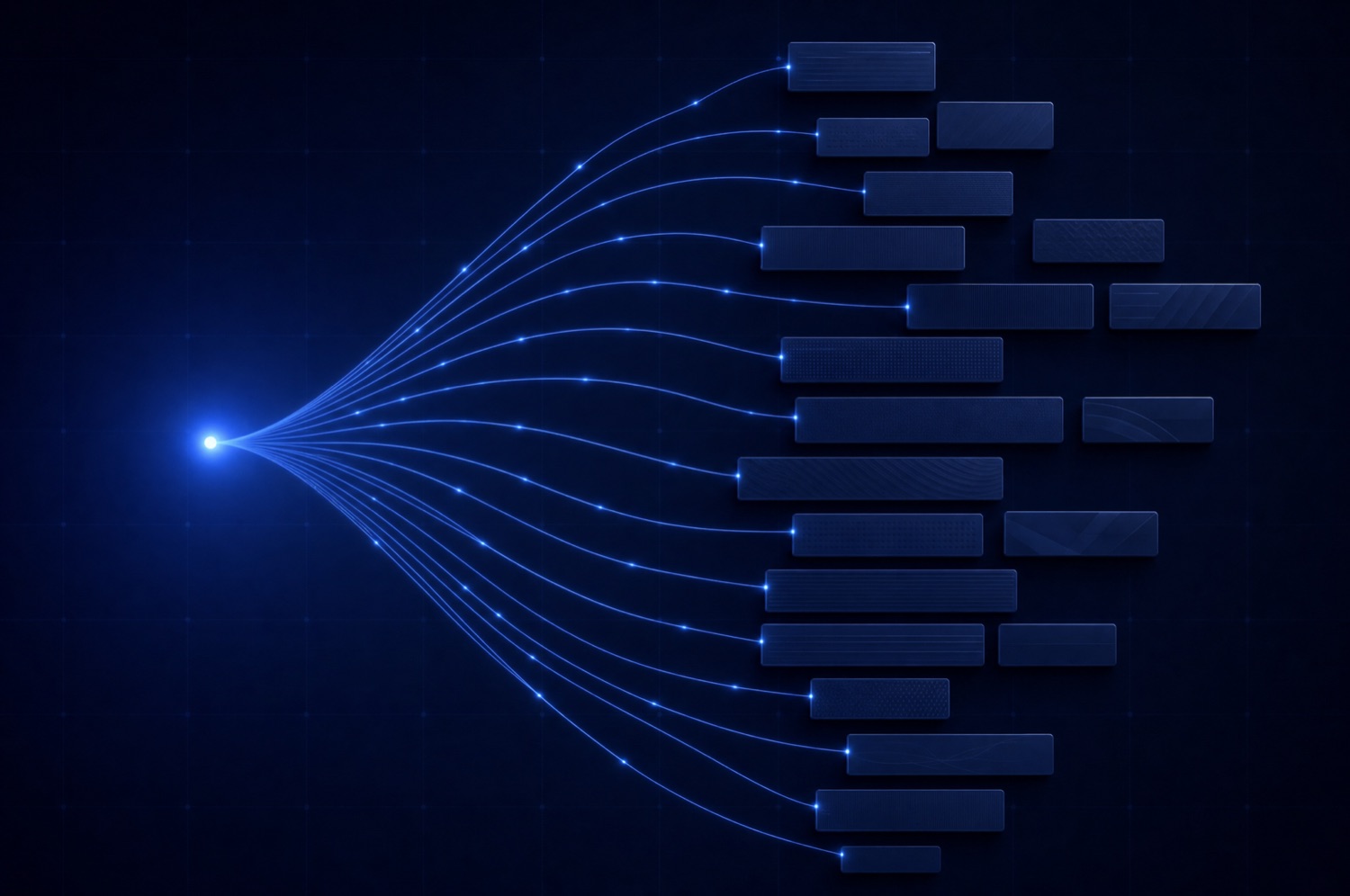 One blue node fanning out into many personalized threads, representing personalization at scale