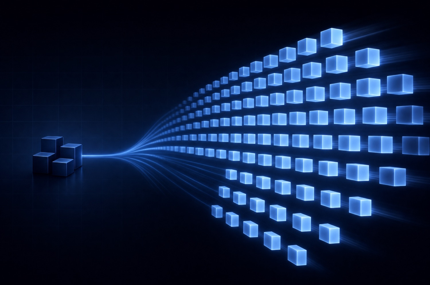 A small cluster of navy blocks producing a large glowing blue output, representing output without added headcount