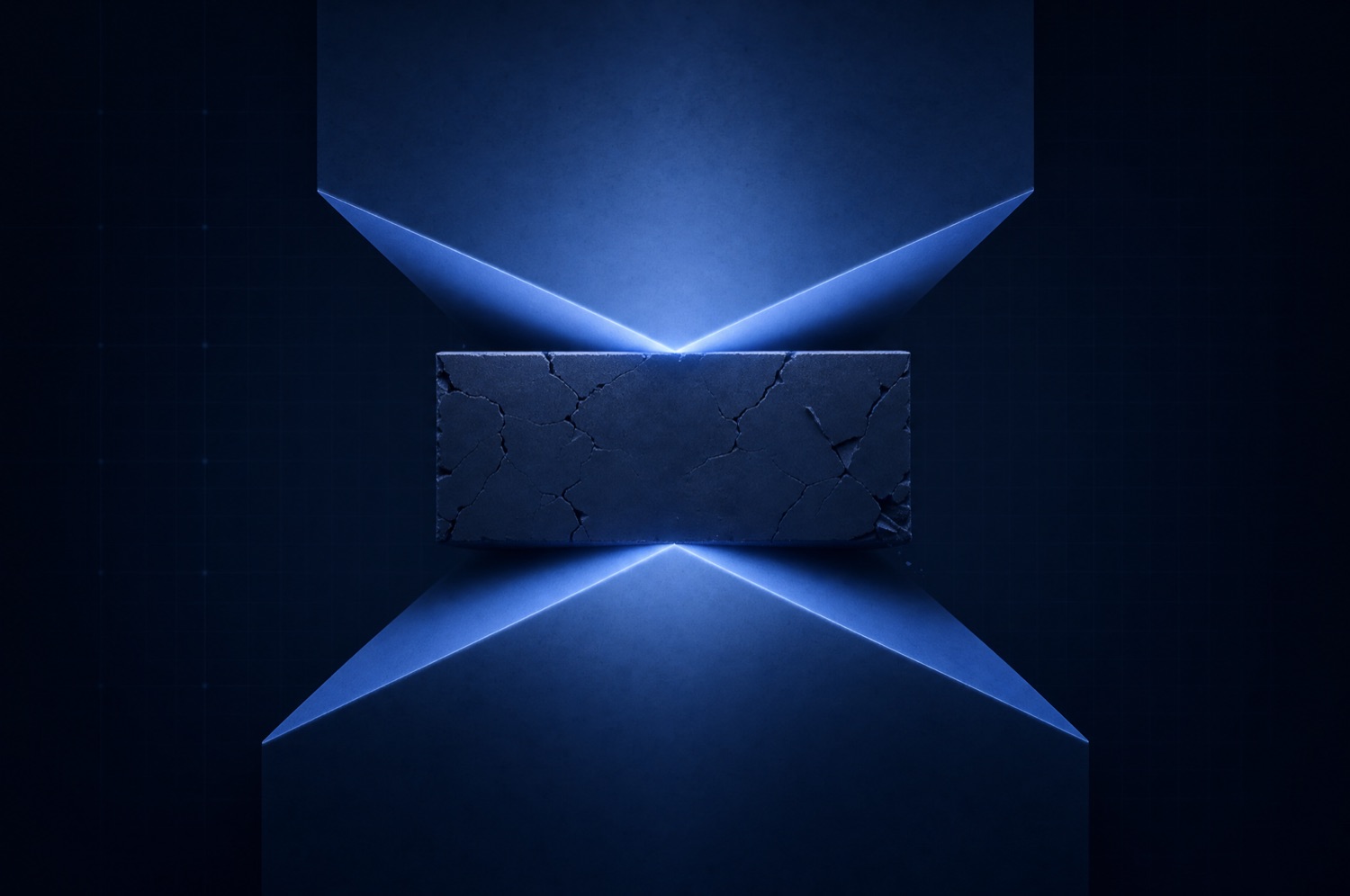 A dark agency slab compressed and cracking between two converging luminous-blue planes, representing the dual squeeze on agencies