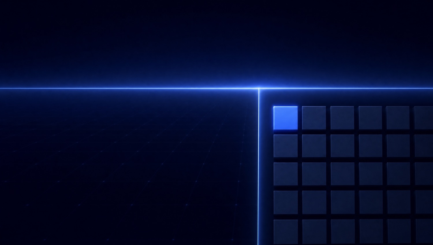 A sharp blue horizon line above an orderly grid of test blocks behind a governance gate, one block lit blue and approved