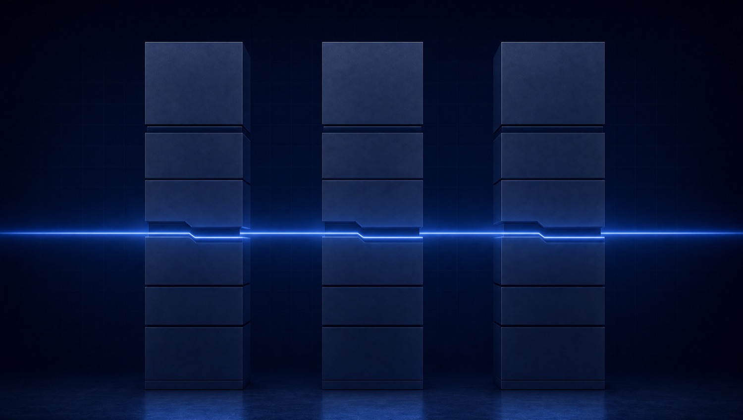 Three equal vertical column systems connected by a single horizontal luminous-blue line