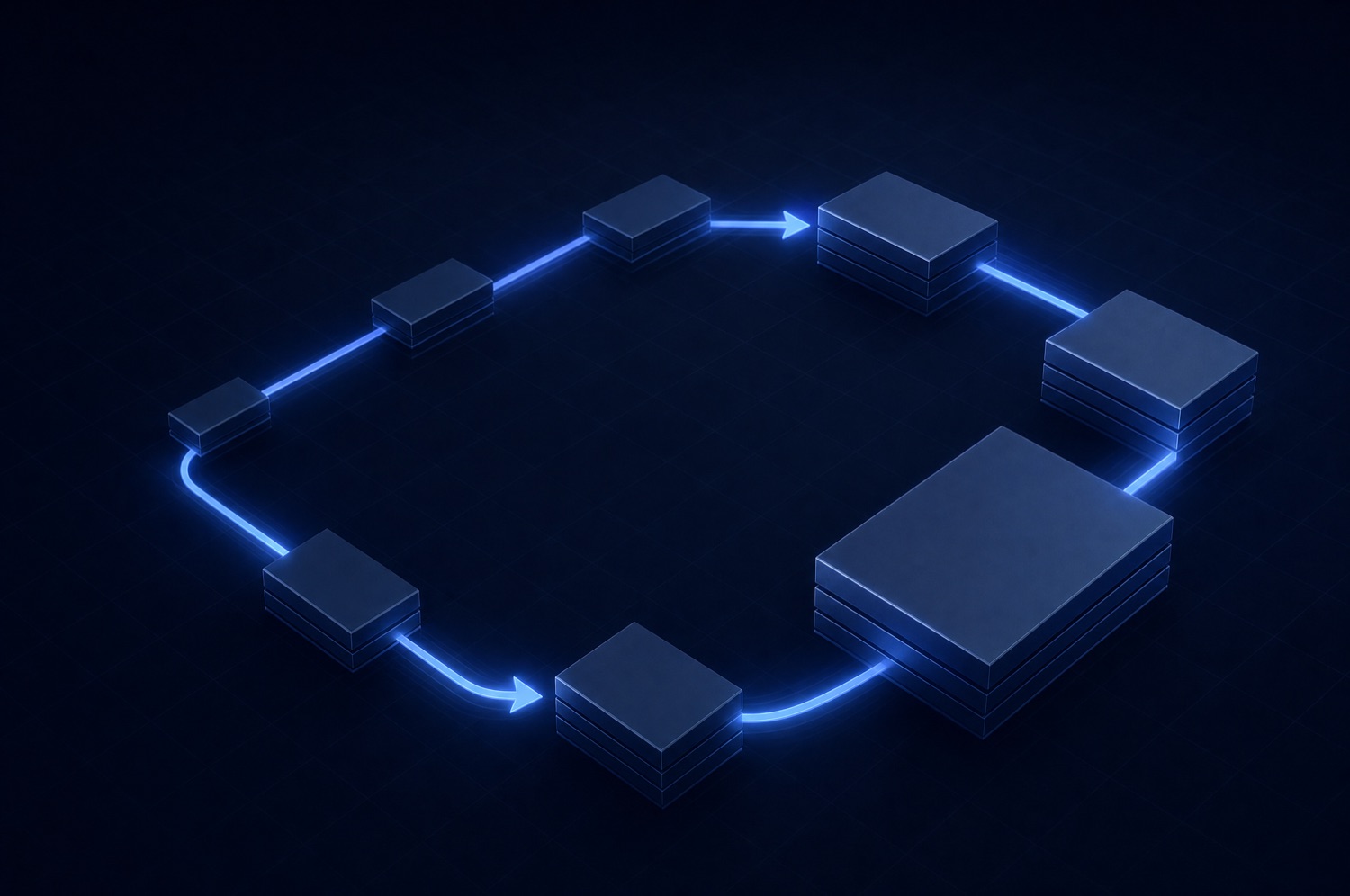 A cyclic loop of blocks with a luminous-blue arrow, each pass leaving the blocks larger, an iterative improvement loop